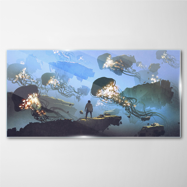Glasbild Unterwasserreise im Licht der Quallen