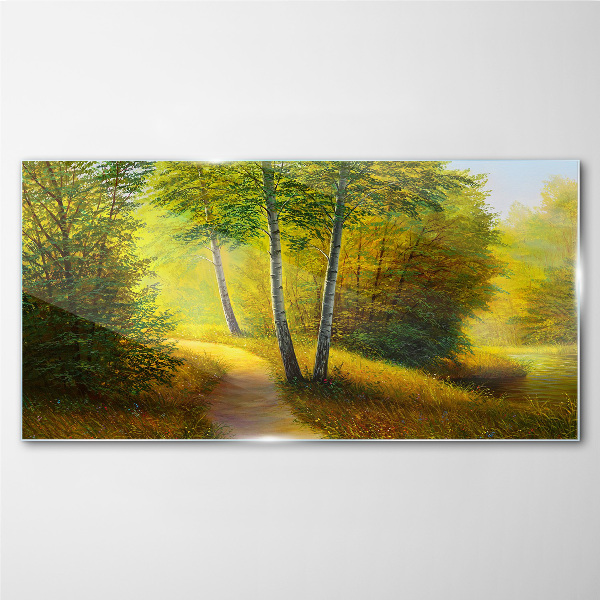 Glasbild Goldener Wald im Sonnenlicht