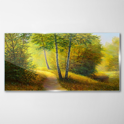 Glasbild Goldener Wald im Sonnenlicht