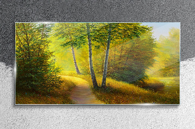 Glasbild Goldener Wald im Sonnenlicht