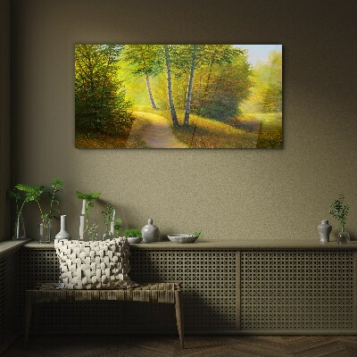 Glasbild Goldener Wald im Sonnenlicht