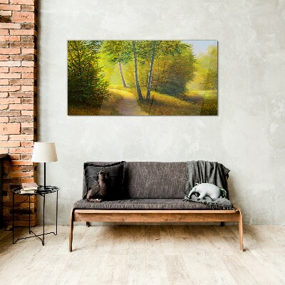 Glasbild Goldener Wald im Sonnenlicht
