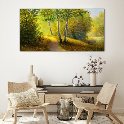 Glasbild Goldener Wald im Sonnenlicht