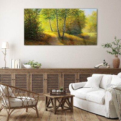 Glasbild Goldener Wald im Sonnenlicht