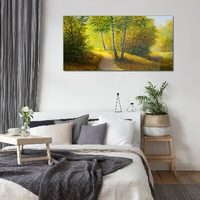 Glasbild Goldener Wald im Sonnenlicht