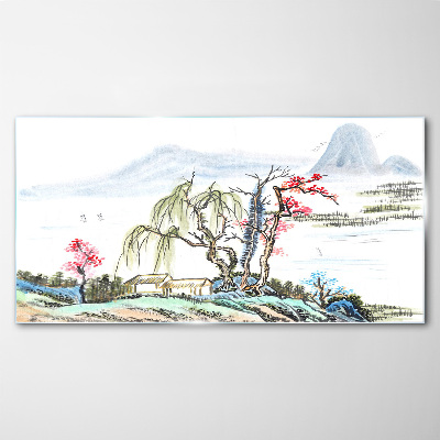 Glasbild Eine friedliche Landschaft mit Bäumen und einem Haus