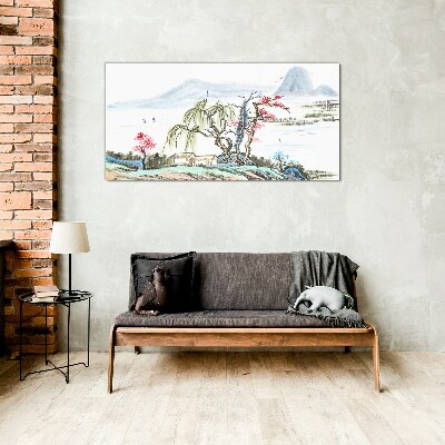 Glasbild Eine friedliche Landschaft mit Bäumen und einem Haus