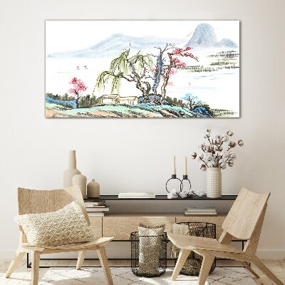 Glasbild Eine friedliche Landschaft mit Bäumen und einem Haus