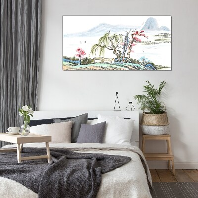 Glasbild Eine friedliche Landschaft mit Bäumen und einem Haus