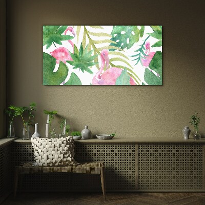 Glasbild Glückliche Flamingos im tropischen Dschungel
