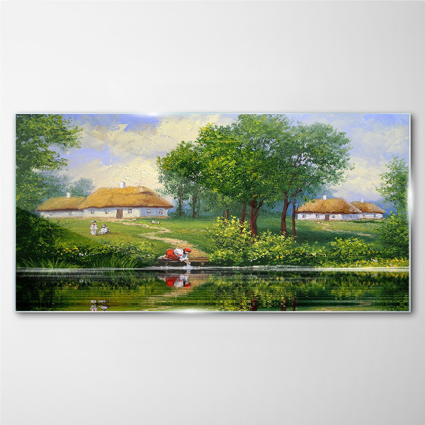 Glasbild Friedliche ländliche Landschaft am Wasser