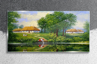 Glasbild Friedliche ländliche Landschaft am Wasser