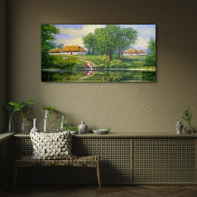 Glasbild Friedliche ländliche Landschaft am Wasser