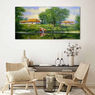 Glasbild Friedliche ländliche Landschaft am Wasser