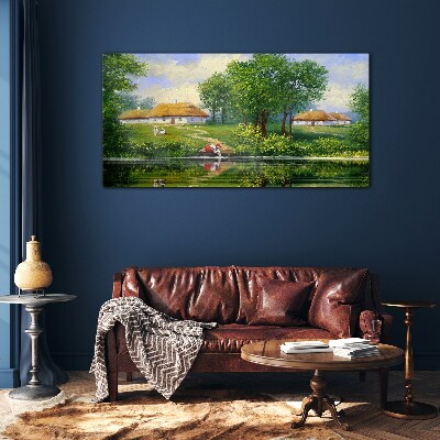 Glasbild Friedliche ländliche Landschaft am Wasser