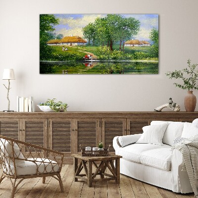 Glasbild Friedliche ländliche Landschaft am Wasser