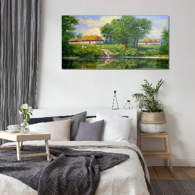 Glasbild Friedliche ländliche Landschaft am Wasser