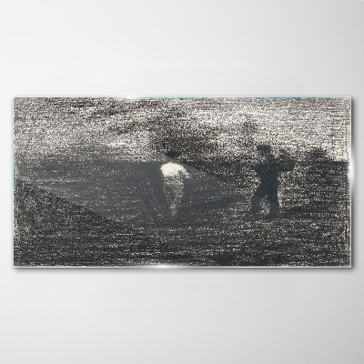 Glasbild Neblige Figuren vor dem Landschaftshintergrund