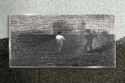 Glasbild Neblige Figuren vor dem Landschaftshintergrund