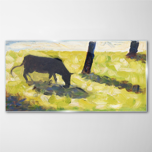 Bild auf glas Eine Kuh grast in einer grünen Landschaft