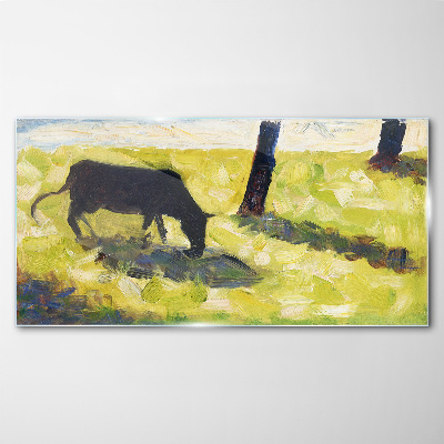 Bild auf glas Eine Kuh grast in einer grünen Landschaft