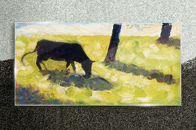 Bild auf glas Eine Kuh grast in einer grünen Landschaft