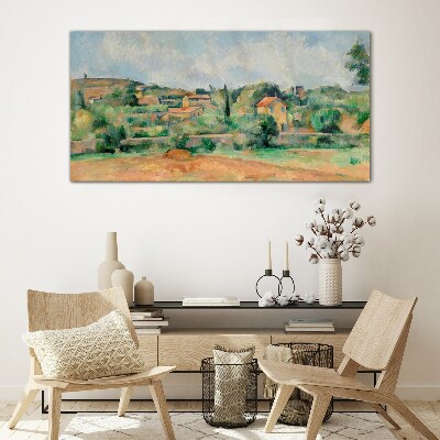 Glasbild Ländliche Landschaft in Pastellfarben
