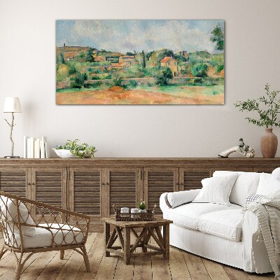 Glasbild Ländliche Landschaft in Pastellfarben