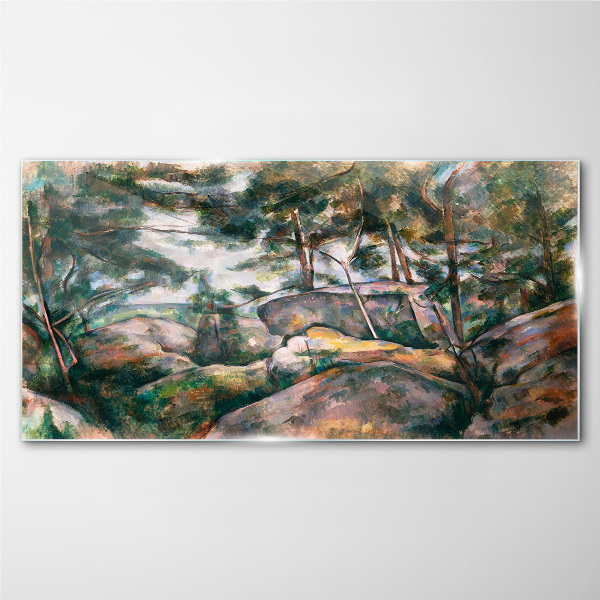 Glasbild Eine steinige Landschaft zwischen Bäumen