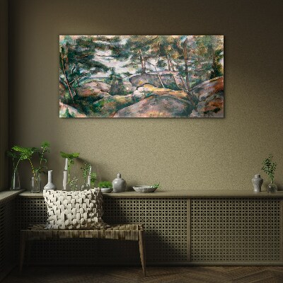 Glasbild Eine steinige Landschaft zwischen Bäumen