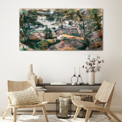 Glasbild Eine steinige Landschaft zwischen Bäumen