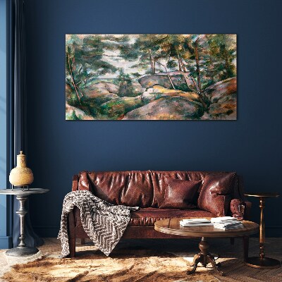 Glasbild Eine steinige Landschaft zwischen Bäumen