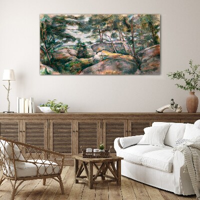 Glasbild Eine steinige Landschaft zwischen Bäumen