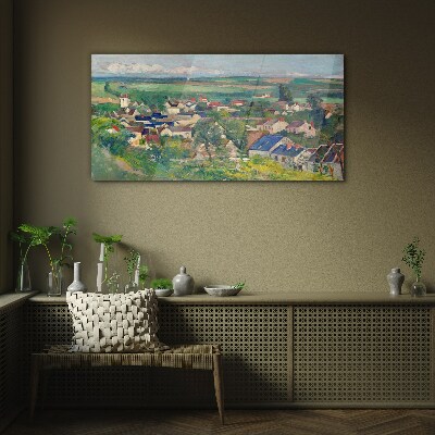 Glasbild Blick auf das Dorf bei Tageslicht
