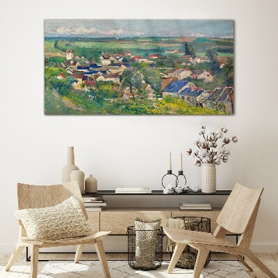 Glasbild Blick auf das Dorf bei Tageslicht