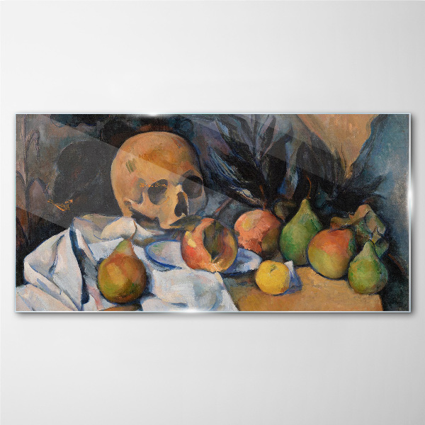 Glasbild Stillleben mit Totenkopf und Früchten
