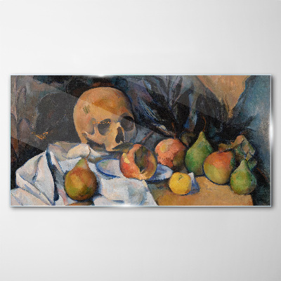 Glasbild Stillleben mit Totenkopf und Früchten