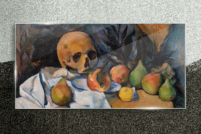 Glasbild Stillleben mit Totenkopf und Früchten
