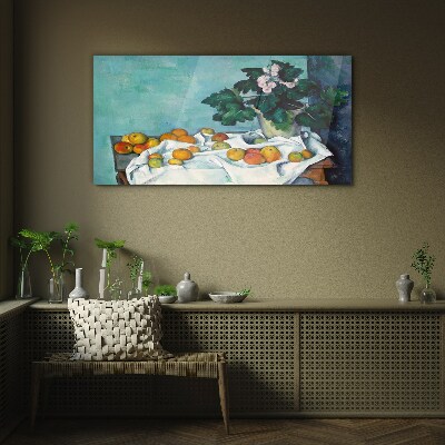 Glasbild Obsttisch mit Vase