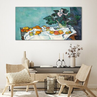 Glasbild Obsttisch mit Vase
