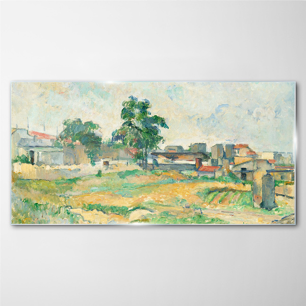 Glasbild Landschaft mit einem Baum und Gebäuden