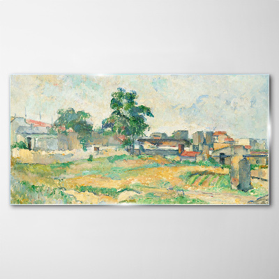 Glasbild Landschaft mit einem Baum und Gebäuden