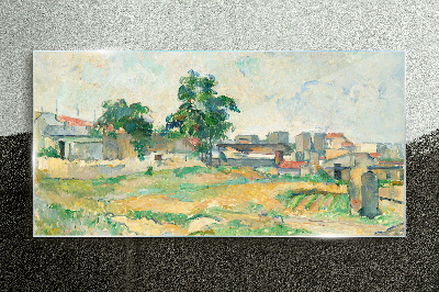 Glasbild Landschaft mit einem Baum und Gebäuden