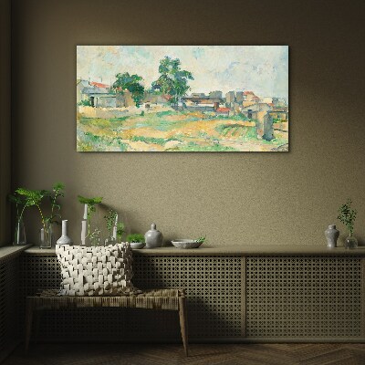 Glasbild Landschaft mit einem Baum und Gebäuden