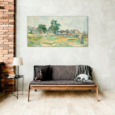 Glasbild Landschaft mit einem Baum und Gebäuden