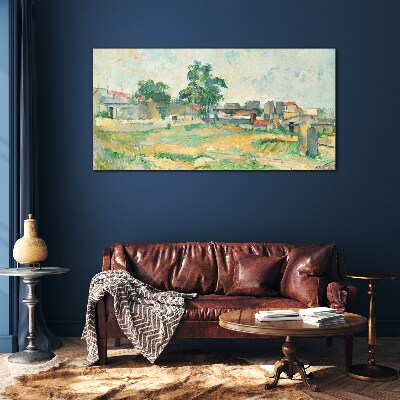 Glasbild Landschaft mit einem Baum und Gebäuden