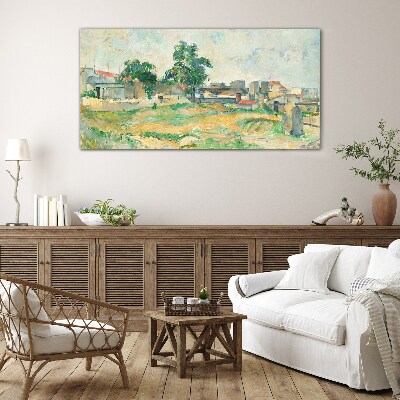 Glasbild Landschaft mit einem Baum und Gebäuden