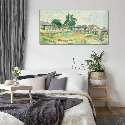 Glasbild Landschaft mit einem Baum und Gebäuden