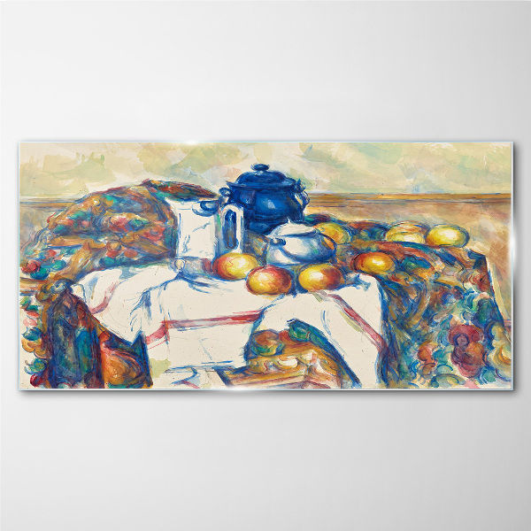 Glasbild Stillleben mit blauem Kessel
