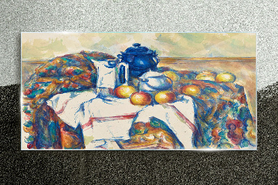Glasbild Stillleben mit blauem Kessel